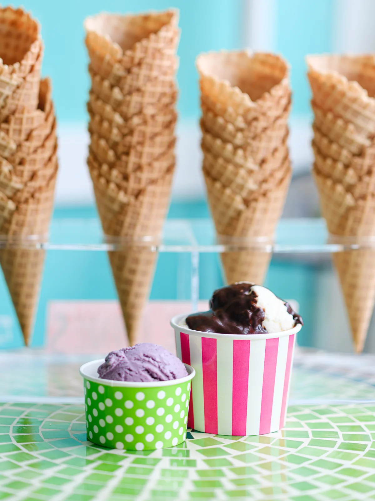 Ice cream cups and waffle cones ready for a celebration
